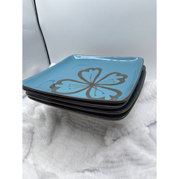 Pier 1 Hibiscus Square Plate Brown Turquois Dinner Discontinued Pattern Set of 4 - Picture 8 of 8